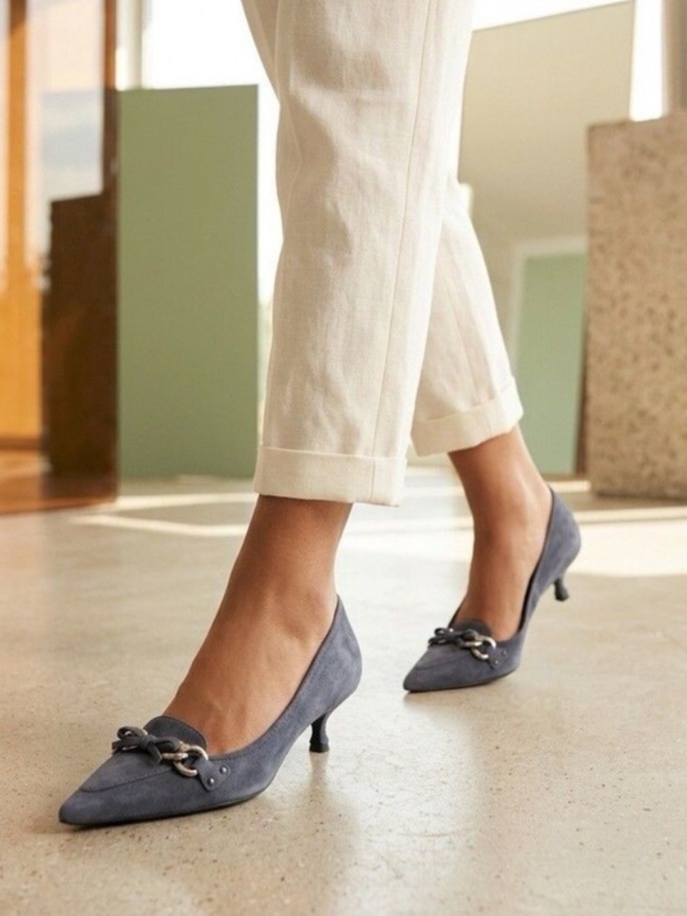 Prada Gray Suede Kitten Heel Pumps Horsebit Pointed Toe Italy EU 36.5 US 6.5
